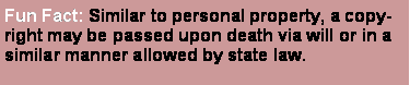 Text Box: Fun Fact: Similar to personal property, a copyright may be passed upon death via will or in a similar manner allowed by state law.