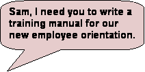 Rounded Rectangular Callout: Sam, I need you to write a training manual for our new employee orientation.