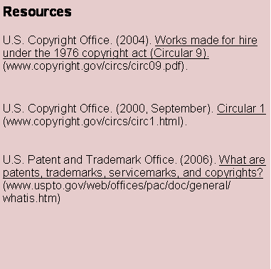 Text Box: ResourcesU.S. Copyright Office. (2004). Works made for hire under the 1976 copyright act (Circular 9). (www.copyright.gov/circs/circ09.pdf).U.S. Copyright Office. (2000, September). Circular 1 (www.copyright.gov/circs/circ1.html).U.S. Patent and Trademark Office. (2006). What are patents, trademarks, servicemarks, and copyrights? (www.uspto.gov/web/offices/pac/doc/general/whatis.htm)